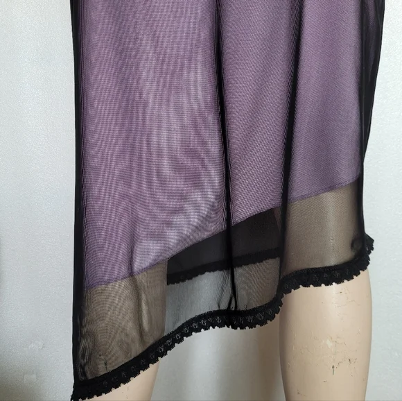 Vintage 90s Whimsigoth Lilac Slip Dress Black Mesh Overlay Asymmetrical Large - Picture 10 of 15